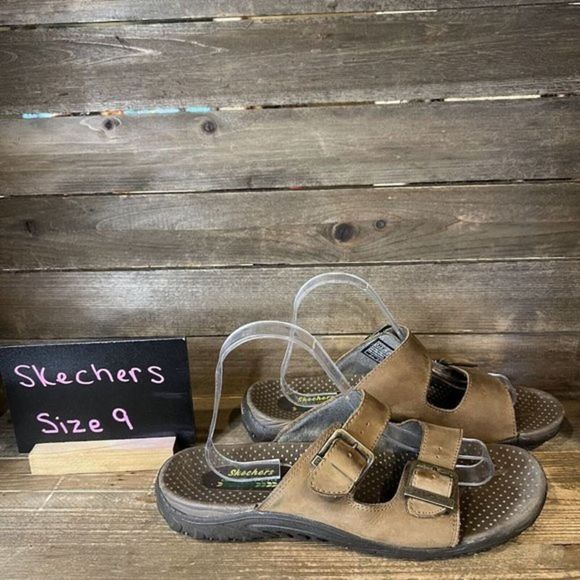 Womens Skechers Reggae Jammin‎ Brown Leather Sandals Slides Size 9 M GUC - Picture 1 of 6